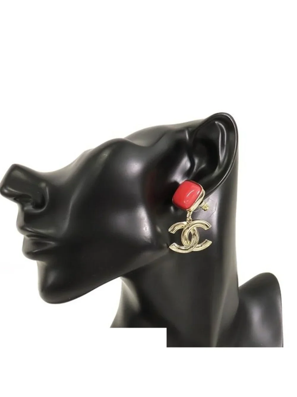 Chanel Earrings Gold Red Metal CC Logo